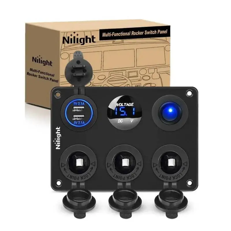 Nilight 3-Port Cigarette Socket Switch Panel, Aluminum 12-24V Car Accessory with Dual USB Car Charger and LED Voltmeter, Car Charging Station, Dual Charging