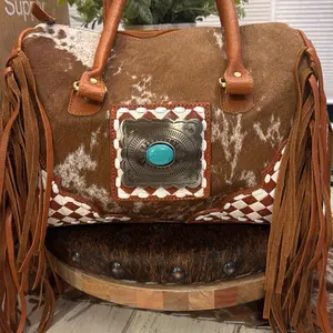 Western Style Fringe Handbag with Turquoise Accent and Checkerboard Pattern