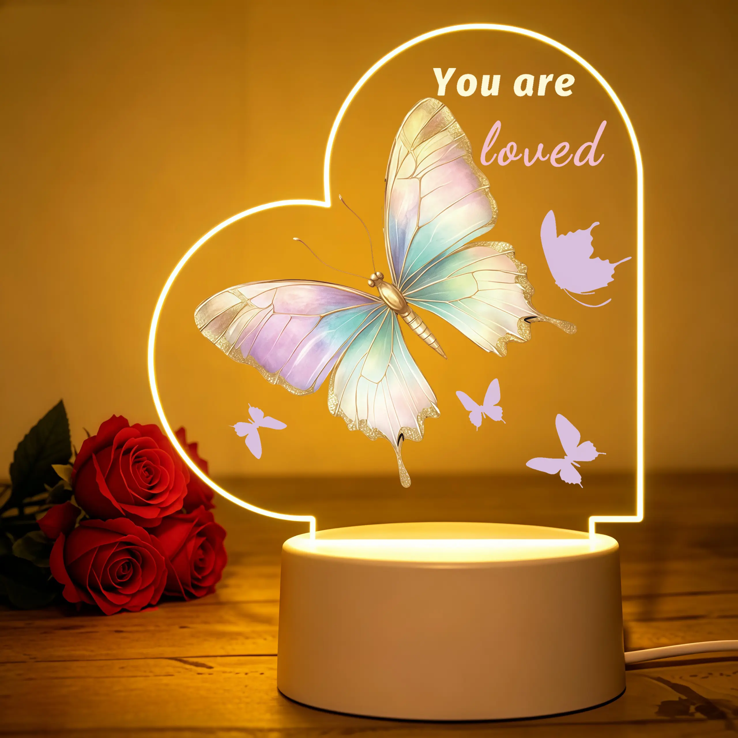 Modern Flat Heart Form Acrylic LED Night Light - Pastel Gold Edge, ABS Plastic, Butterfly Print, "You Are Loved" Message Display - Encouragement Gift for Women, Desk Decor for Home & Festive Decorations