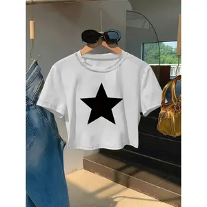 Black Star Graphic Crop Tee For Women Trendy Y2k Short Sleeve Crewneck T Shirt Soft Stretch Casual Streetwear Summer Going Out Top