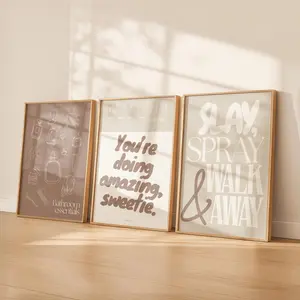 Neutral Funny Bathroom Wall Art Set of 3, Modern Bathroom Prints, Beige Bathroom Decor, Minimal Bathroom Art, Printable Bathroom Wall Art