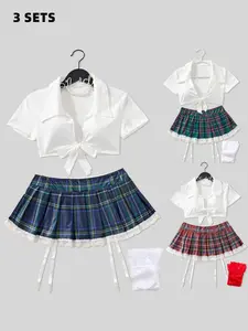 Women's Plaid Print Sexy School Uniform Costume Set, Crop Top & Mini Skirt & Tie & Thong Set, Women's Lingerie & Underwear for Party Holiday Clothing Sets, Costume Use