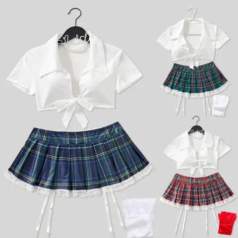 Women's Plaid Print Sexy School Uniform Costume Set, costume outfit, Crop Top & Mini Skirt & Tie & Thong Set, Women's Lingerie & Underwear for Party Holiday Clothing Sets, Costume Use, Costume For Parties
