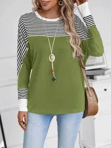 Striped Print Batwing Sleeve Casual/commute Long Sleeve T-Shirt, Comfortable and Stylish, Perfect for Daily Wear, Women's Fashion Top