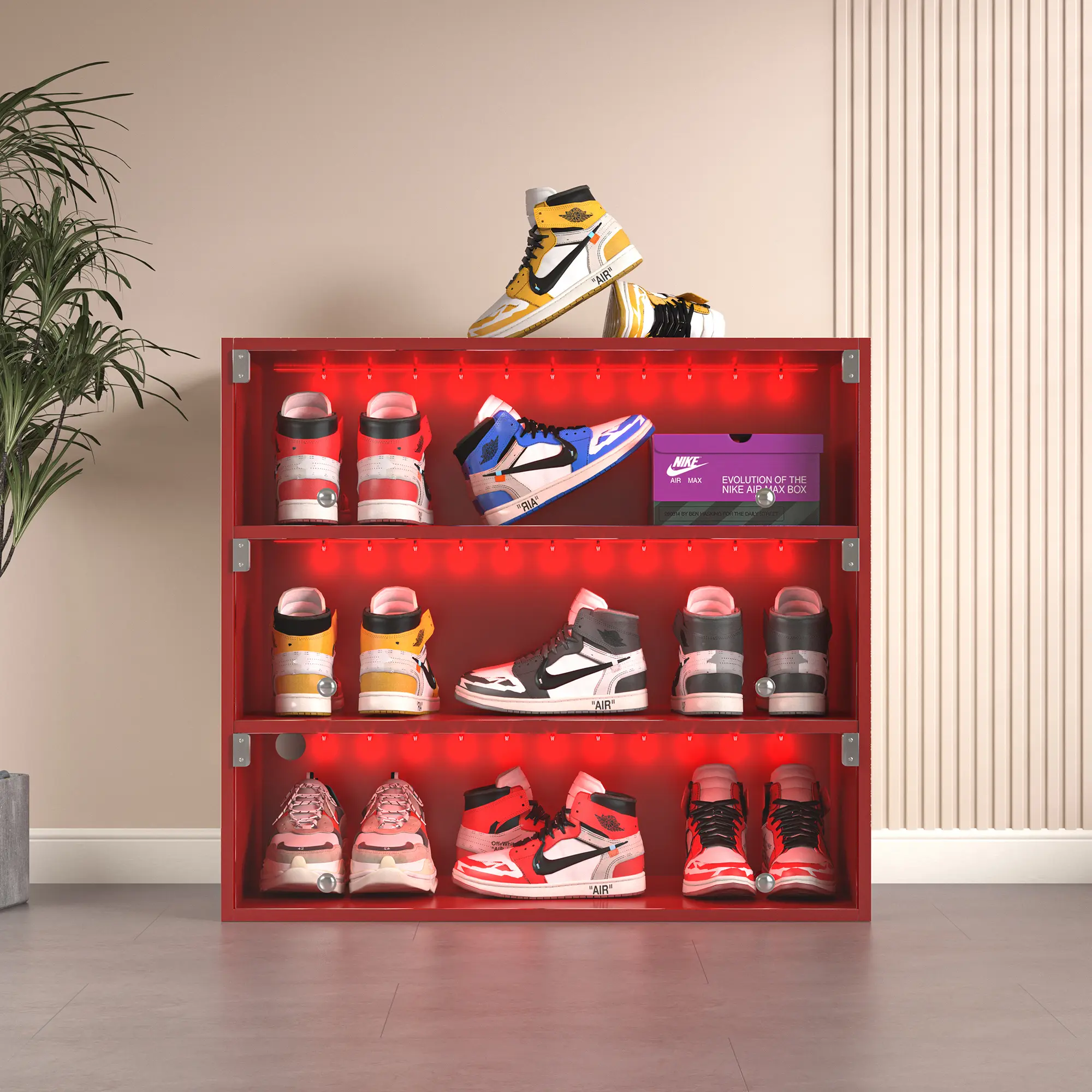 Off - Red 3 - Tier Shoe Storage Box with Glass Doors and LED Lighting