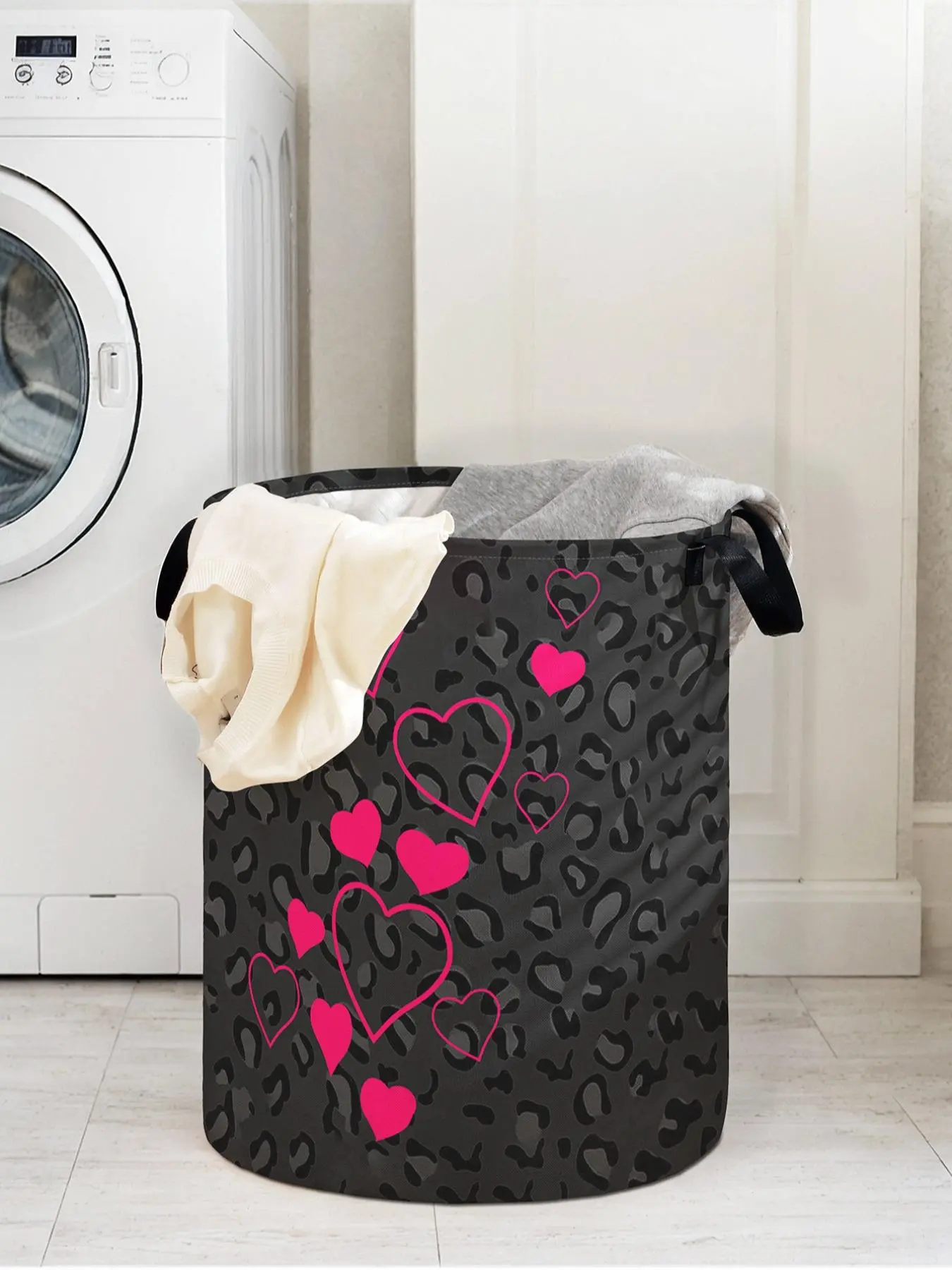 Leopard Heart Print Fabric Laundry Basket with Handle, Durable Large Capacity Storage Bin for Clothes and Toys, Stylish Home Organizer Laundry Hamper