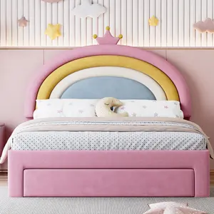 Full Size Bed Frame with Storage Drawer, Velvet Cute Bed Frame, Rainbow Design Upholstered Platform Bed, Full Size Pink Bed, No Box-spring Needed, Pink