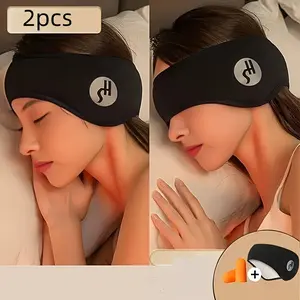 2pcs Adjustable Noise-Canceling Sleep Masks with Ear Covers - Soft Polyester, Battery-Free, Pure Black Design for Travel & Home Use, Promotes Deep Sleep, Sleep Mask for Travel, Comfortable Fit, Secure Fit, Sleep Eye Mask