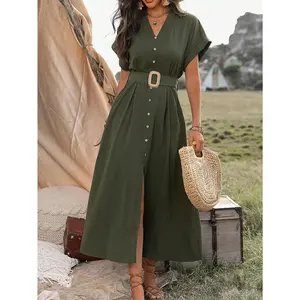 Women Summer Short Sleeve Button Down Waist Belted Dress Maxi Women Outfit Casual Fabric Polyester Violet