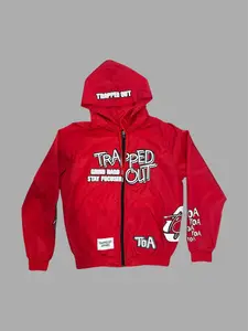 Trapped Out Windbreaker Jackets - Red, Very Comfortable, Lightweight, Water Resistant, No Breathable Holes, Hooded Design, Long Sleeve