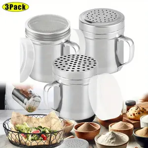 3PCS Stainless Steel Powder Spreader with Lid & Handle - Dual Mesh Screens for Salt, Spices, Cinnamon, Sugar - Reusable Kitchen Tool with Plastic Storage Cup, Seasoning Dispensers summervibes