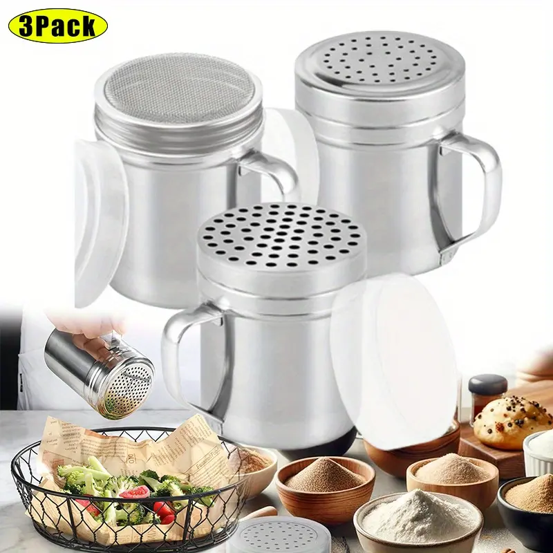 3PCS Stainless Steel Powder Spreader with Lid & Handle - Dual Mesh Screens for Salt, Spices, Cinnamon, Sugar - Reusable Kitchen Tool with Plastic Storage Cup, Seasoning Dispensers
