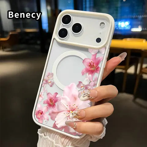Magnetic Quick Snap Soft Wireless Protective Smartphone Case for iPhone 17/16 Pro Max Plus/15/14/13/12/11/Air E, Blush Pink Floral Cascade Art, Anti-Yellowing, Shockproof, Ultra-Thin Silicone Crystal Transparent Casing, Mobile Phone Accessory