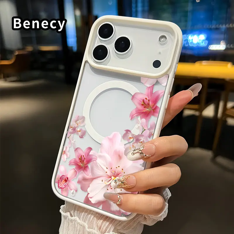 Magnetic Quick Snap Soft Wireless Protective Smartphone Case for iPhone 17/16 Pro Max Plus/15/14/13/12/11/Air E, Blush Pink Floral Cascade Art, Anti-Yellowing, Shockproof, Ultra-Thin Silicone Crystal Transparent Casing, Mobile Phone Accessory