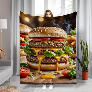 Delicious Burger Print Flannel Blanket, All-Season Throw for Bed and Sofa, Ideal Birthday or Christmas Gift, Machine Washable, Polyester, Shawl, All-season