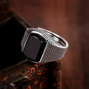 Men's Vintage-Inspired Black Cubic Zirconia Ring - Adjustable, Wide Band Fashion Statement