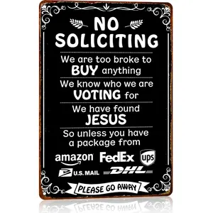 Humorous No Soliciting Sign for Front Door - Funny "We're Voting for Jesus" Metal Sign for House - Perfect Decorative Sign to Discourage Unwanted Visitors, 8 x 12 Inch Yard Sign Acrylic Plaque Sign