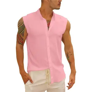 PASLTER  Mens Sleeveless Button Down Shirts Linen Cotton Summer Beach Basic Tank T-Shirt Tops Clothing Sets Casual Kurta