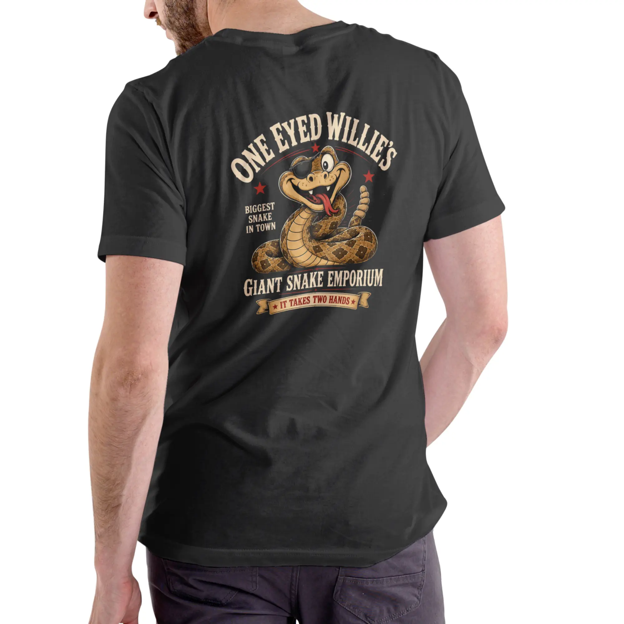 ONE EYED WILLIE'S GIANT SNAKE EMPORIUM Funny T Shirt, Unisex Cotton