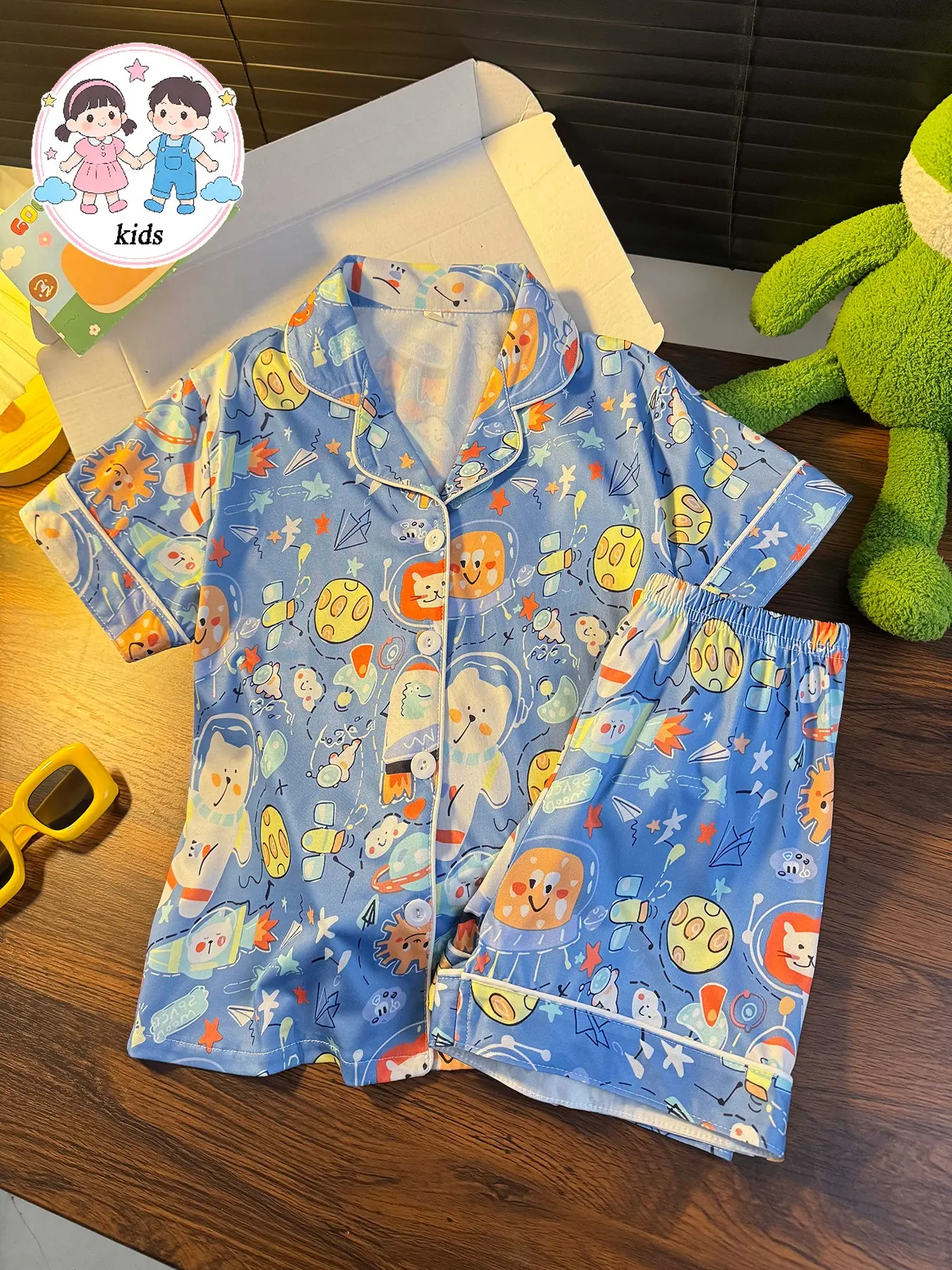 Kids Pajama Set, Short Sleeve Button Front, Animal Print, Cartoon Print Pajama, Casual Fitted, All Seasons, Summer Pjs, Boys & Girls, Home Wear, Vacation, Party, Cartoon Pattern Pajamas