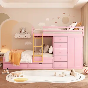 Bellemave Full Size Bunk Bed with 2 Large & 5 Small Drawers Sakura Pink MDF Solid Wood Construction Modern Storage Design with Mini Wardrobe