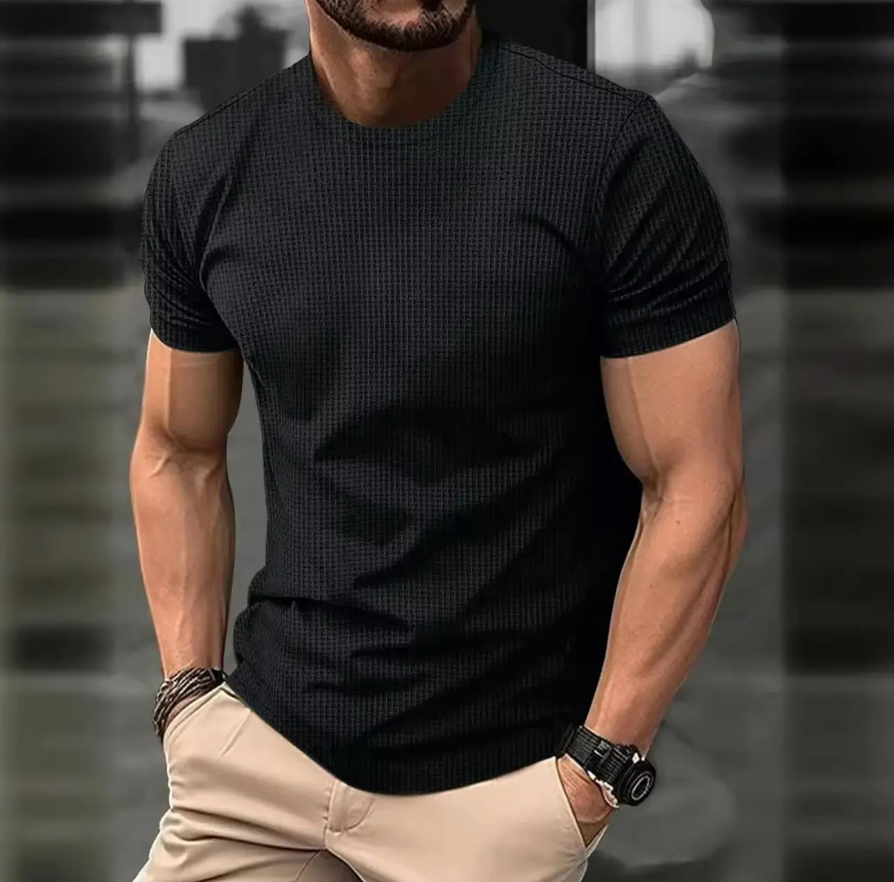 Men's European Style Summer Mesh Ice Silk Flannel Shirt - Menswear Casual Crewneck, Oversized Knitwear, Beige Breathable Plain, Biker Knife Fabric Short sleeve Knitted Tops