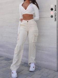 women's plain flap pocket cargo pants, street fashion casual button fit trousers for daily wear, ladies bottoms for fall & winter, 2000s pants, downtown girl clothes, womenswear, loose baggy pants