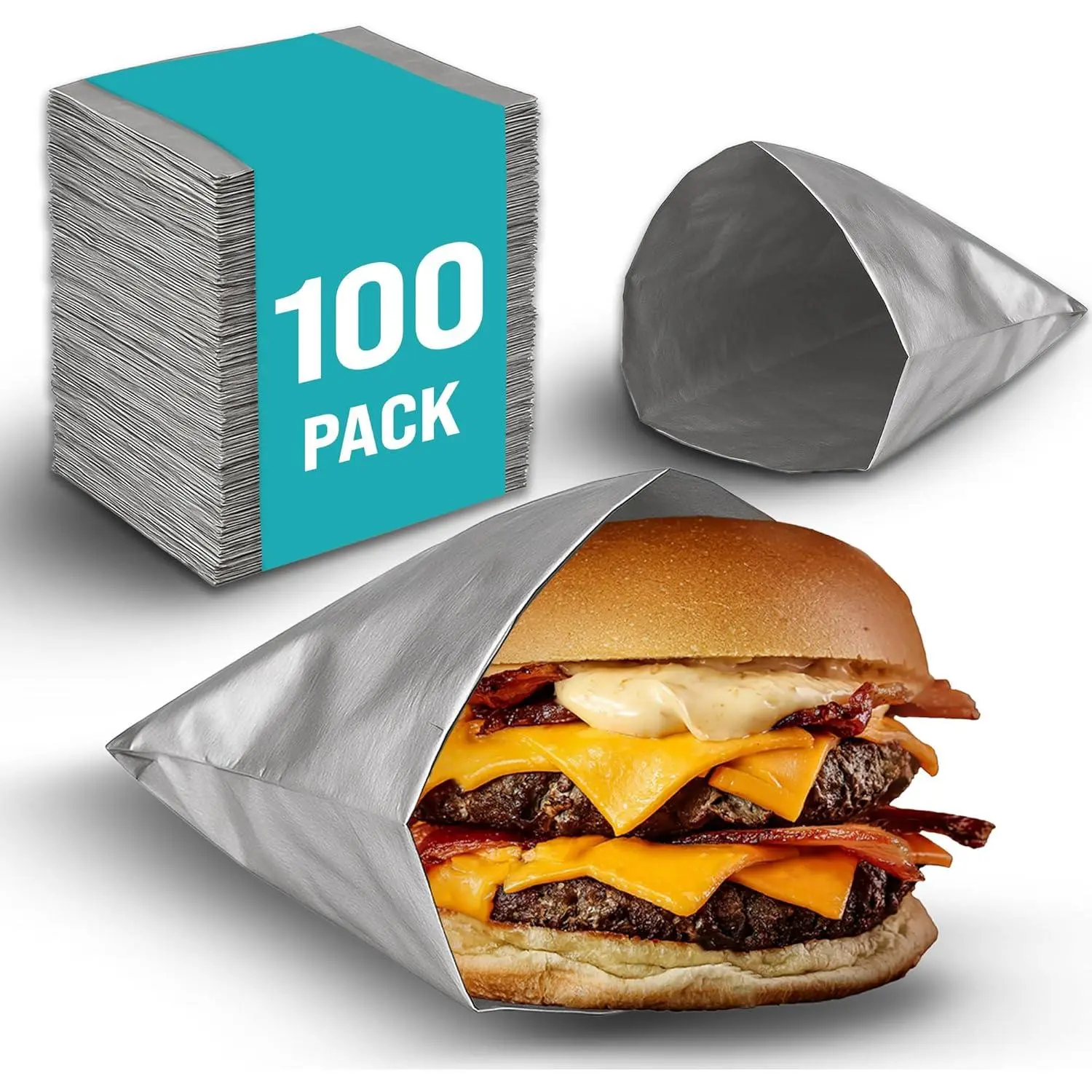 100 Pack Aluminum Foil Hamburger Bags - Grease-Resistant Burger Wrappers for Hot Sandwiches, Paninis, BBQ, Pretzels & More - BPA-Free, Disposable Takeout Food Sleeves by