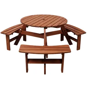 Wooden Picnic Table with 3 Built-in Benches, 6 Person Kids Picnic Table, with Umbrella Hole, Camping Dining Table for Garden Patio Backyard
