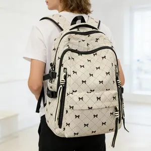 Vintage Corduroy Backpack with Bow Pattern Preppy Student Bookbag Casual Daypack for College & Travel