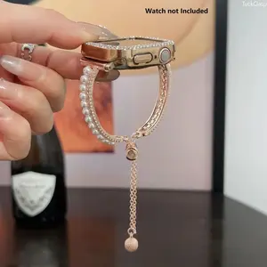 OEM Two-Tone Pearl & Diamond Watch Band Compatible with Apple Watch, Handmade Durable Bracelet Compatible with 38–42mm Series 10/9/8/S10, Elegant Stylish Strap for Daily Wear & Spring Fashion, Smartwatch