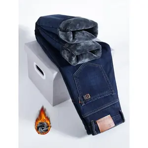 Men's Fleece Lined Denim Jeans, Loose Straight Leg Long Pants, Cotton Elastic Warm Winter Wear, Casual Fashion for Fall & Winter