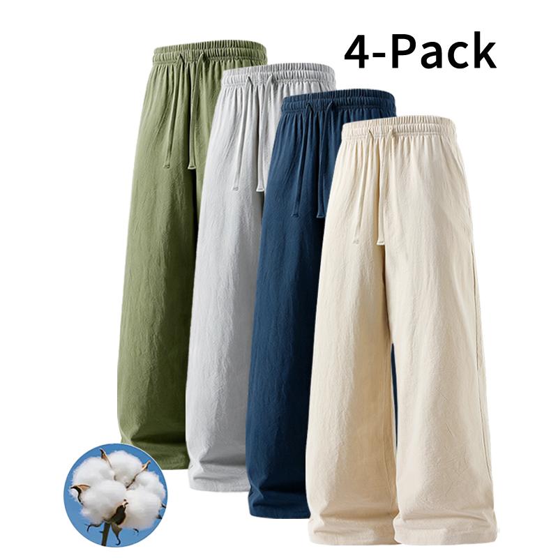 4 Pack Minimalist Cotton Linen Pants Elastic Waist Drawstring Pants, Perfect for Layering (Optional 4 Pack and 2 Pack)