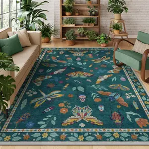 Insect Print 5x7 Area Rugs for Living Room, Soft Washable Rugs for Bedroom-Thin Non Slip Rug, Throw Rug Carpet for Office Nursery Dining Room Vionnet(5'x7',Dark Green)
