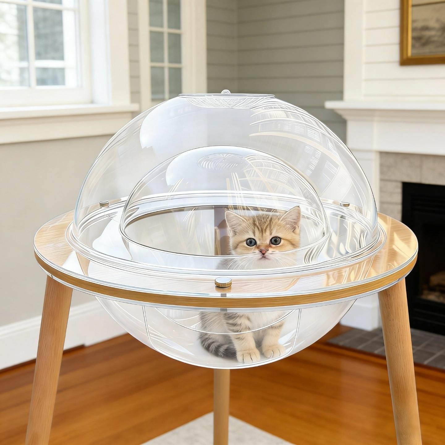 Eyisean 23.6" Acrylic Large Round Transparent Cat Cave, 2-in-1 Space-Saving Kitty Bed Fish Tank with Plywood Base, Heavy-Duty 360° Immersive Pet House, Indoor Cat Enrichment Furniture for Living Room
