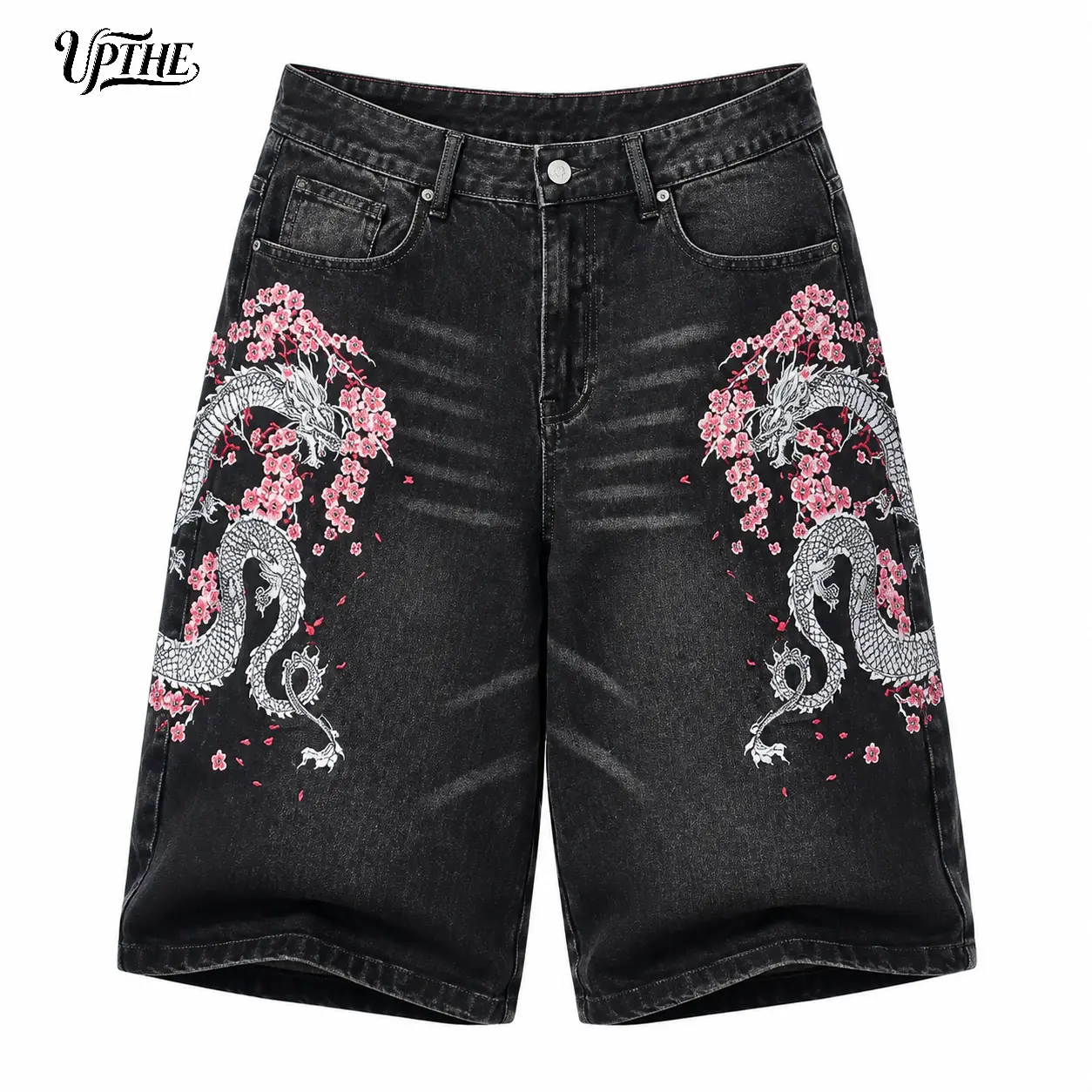UP.THE Men Y2K Streetwear Black Wide Leg Denim Jorts Oriental Dragon Cherry Embroidery Loose Baggy Fit Jean Shorts Casual Daily Outfit
