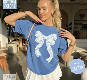 Comfort Colors Floral Bow Shirt – Coquette Bow Graphic Tee, Cute Feminine T-Shirt, Trendy Girly Floral Ribbon Shirt For Women, Trendy Women’s T Shirt