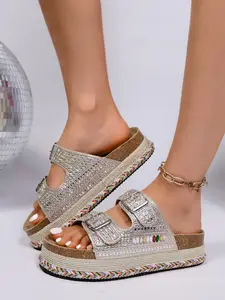 Fashion High-End Thick Sole Jute Rope Sandals with Rhinestone Buckle, Large Size Women Summer New Style Beach Slippers