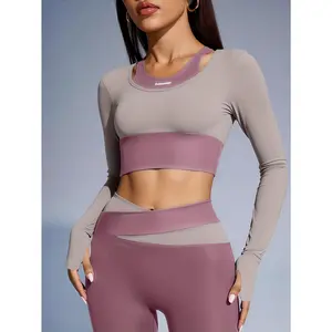 2pcs Women's sports suit Colorblocked design Long sleeves Built-in bra pads Matching leggings Suitable for cycling, fitness, yoga, running sports