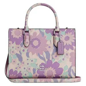 COACH Maggie 24 Floral Print Leather Tote Bag with Detachable Strap for Women in Lavender