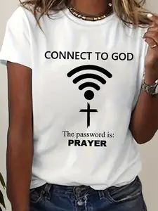 [Jesus Prayer T-Shirt] Funny Letter Print T-Shirt |   "Connect to God" Jesus Prayer - Women's Short Sleeve Crew Neck Casual Top for Summer & Spring, Polyester Blend