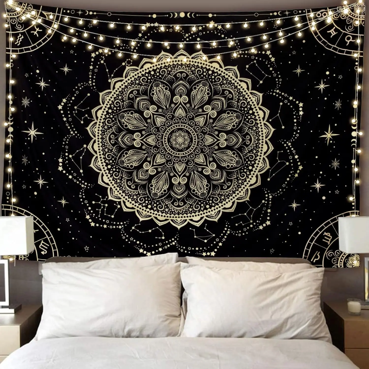cxfwellFLY SPRAY Black Golden Mandala Tapestry Astrology Space Wall Hanging Tapestries Wall tapestrys Large Aesthetic Hippie Decor Bohemian Art Boho Home Talestry for Bedroom,Living Room,Ceiling