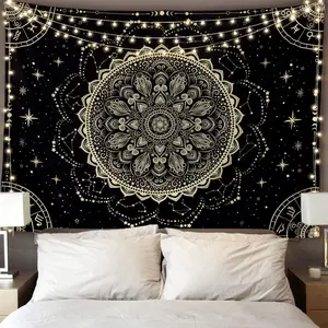 cxfwellFLY SPRAY Black Golden Mandala Tapestry Astrology Space Wall Hanging Tapestries Wall tapestrys Large Aesthetic Hippie Decor Bohemian Art Boho Home Talestry for Bedroom,Living Room,Ceiling