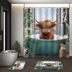 LVRLVR 4Pcs Highland Cow Bathtub Print Farmhouse Coastal Multi-Color Shower Curtain Set 70.8×70.8 Inch