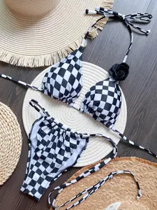 Two-Piece Set Women's Checkerboard Print Set, Casual Fashion Chic Swimsuit for Beach Holiday Vacation, Ladies Swimwear for All Seasons, Beach Bathing Suit, Plaid Print Bikini