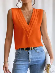 A women's fashionable and elegant solid color V-neck sleeveless vest Tops, Casual, suitable for daily wear, commuting, travel and leisure activities