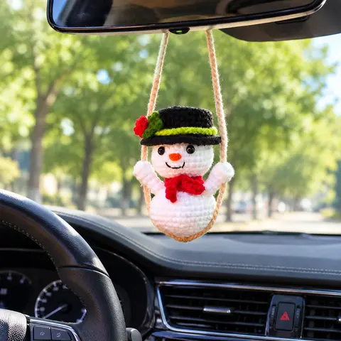 Handmade Crochet Snowman Car Hanging Ornament, Rear View Mirror Charm with Black Hat, Cute Winter Holiday Christmas Season Ornament with Interactive Swing Motion, Amigurumi Car Charm, Cute Car Accessories