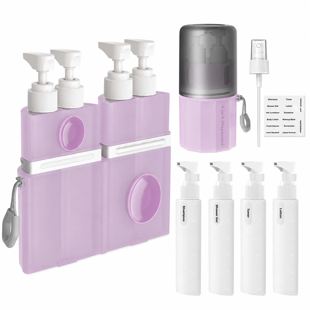 4 in 1 Silicone Lotion Travel Dispenser Bottle Set - Pink PP Toiletry Bottles with Suction Cup Holder