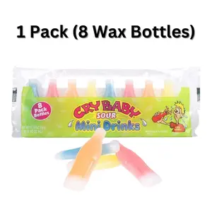 Cry Baby Sour Mini Drinks 8 Pack - Classic Wax Candy Variety Packs with Blastin Blue Raspberry,Chargin Cherry, Overload Orange, Lighting Lemon Vintage Sour Candy Pack bottles