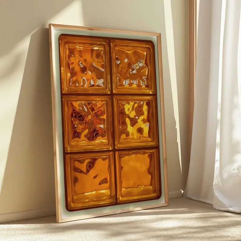 Amber Glass Tile Wall Art - Retro Orange Abstract Poster - Warm Textured Grid Print - Modern Minimalist Home Decor Unframe
